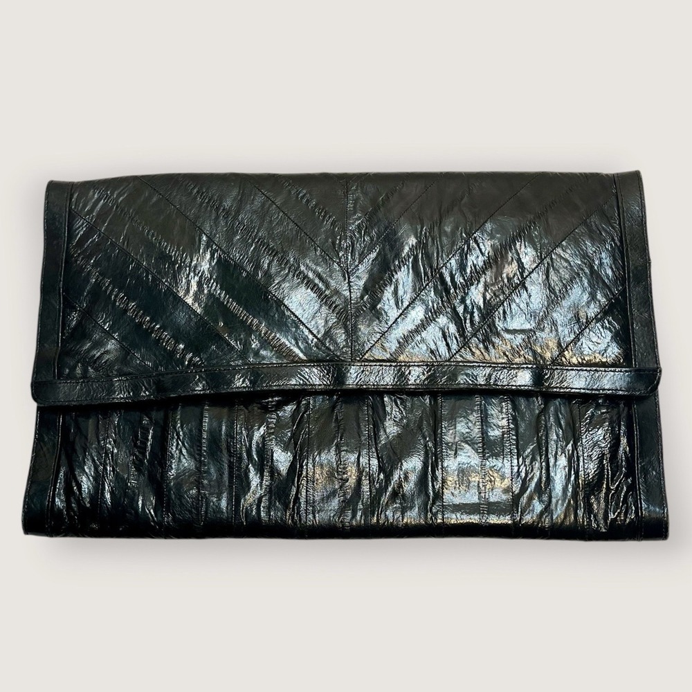 Vintage Eel Skin Leather Clutch Purse Black Slim Pockets 80s Malock Envelop